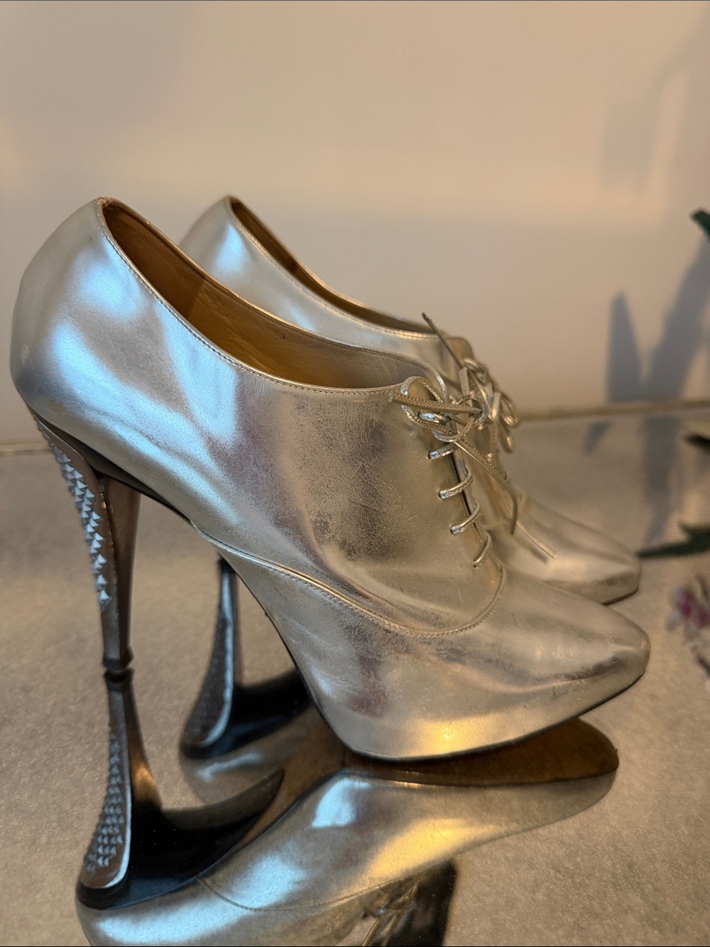 Jimmy Choo Metallic Silver Lace-Up Stiletto Oxfords